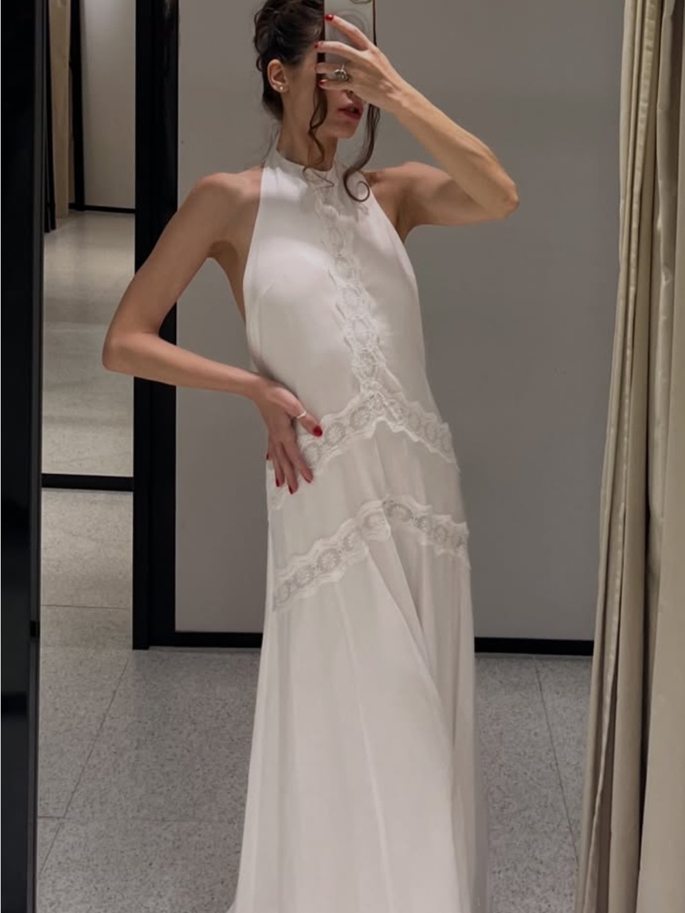 Zara White Backless Halter Lace-Trim Maxi Dress